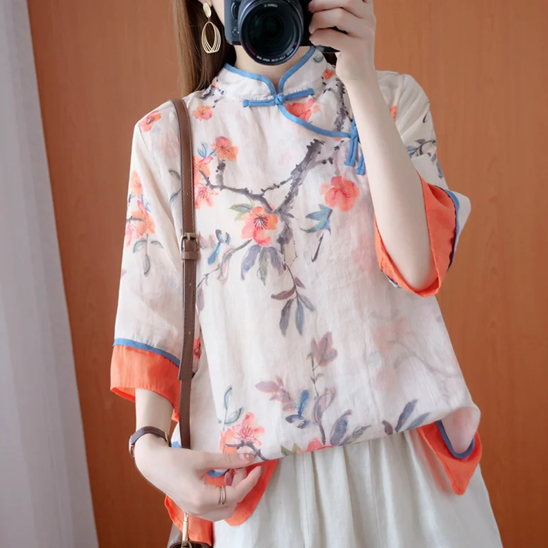 

Ethnic Style Summer New Print Tang Suit Blouse Vintage Cheongsam Tops Elegant Loose Casual Improve Chinese Style Shirt Tradition