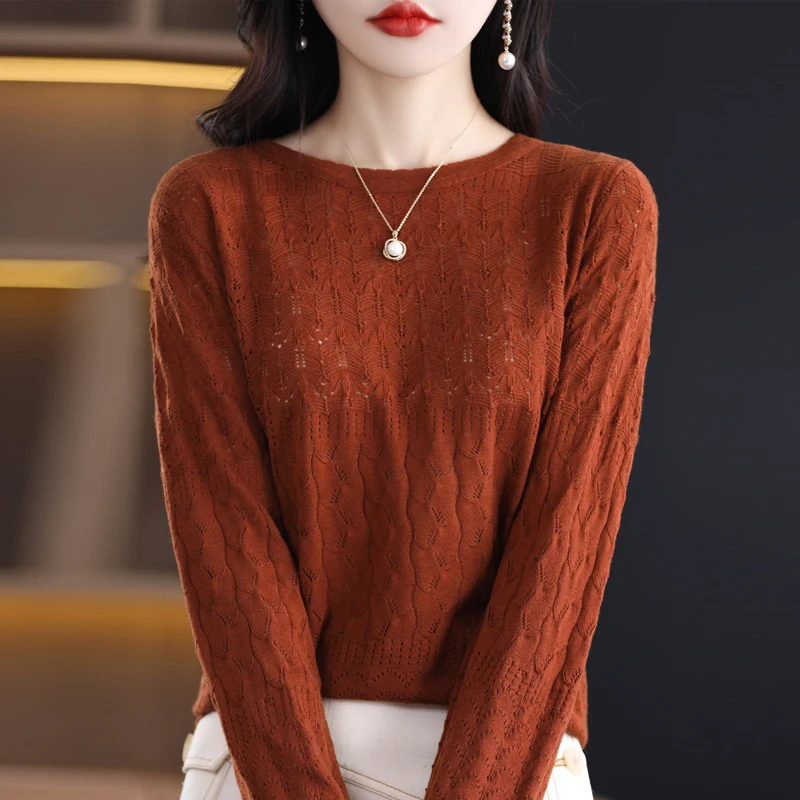 2023 New Cashmere Sweater Women\'s Sweater Women\'s Hollow Out Design O-Neck Pullover Casual Knitted Top Cashmere Women\'s Sweater