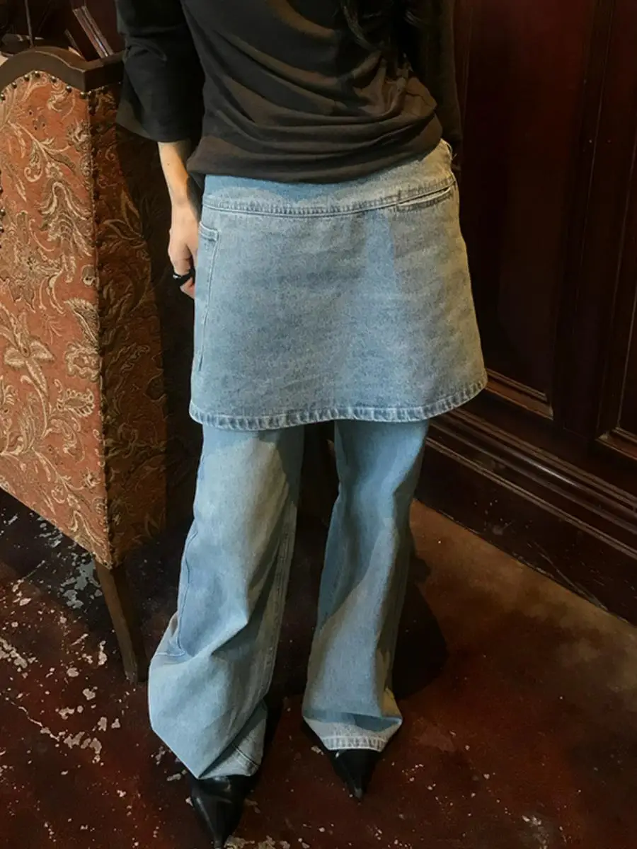 High Waist Straight Leg Casual Women's Jeans Detachable Design Korean Style Cotton Autumn  Unique Sensation