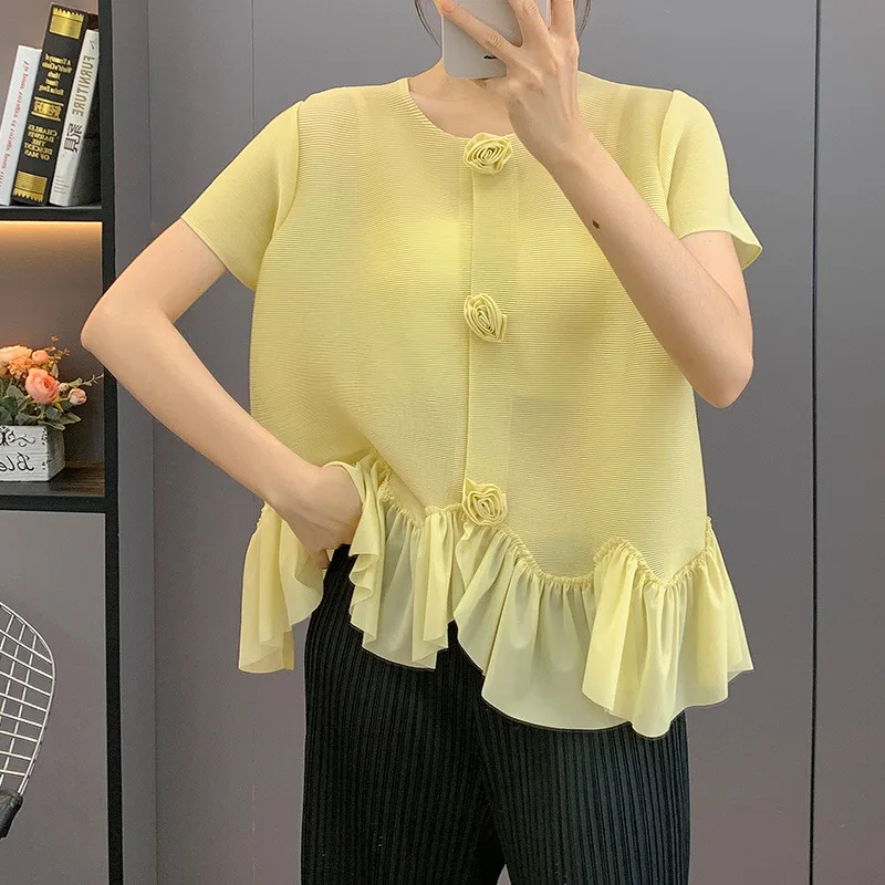 

Advanced Solid Colour Design Sense Sweet Fresh Style Loose Versatile Short-sleeved Tops Miyake Pleated T-shirt 2025 Summer