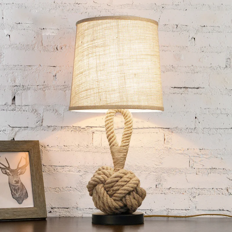 American Creative Table Lamp Retro Linen Bedside Light Bedroom Study Office Hotel Room Light Hemp Rope Decorative Desk Lamp