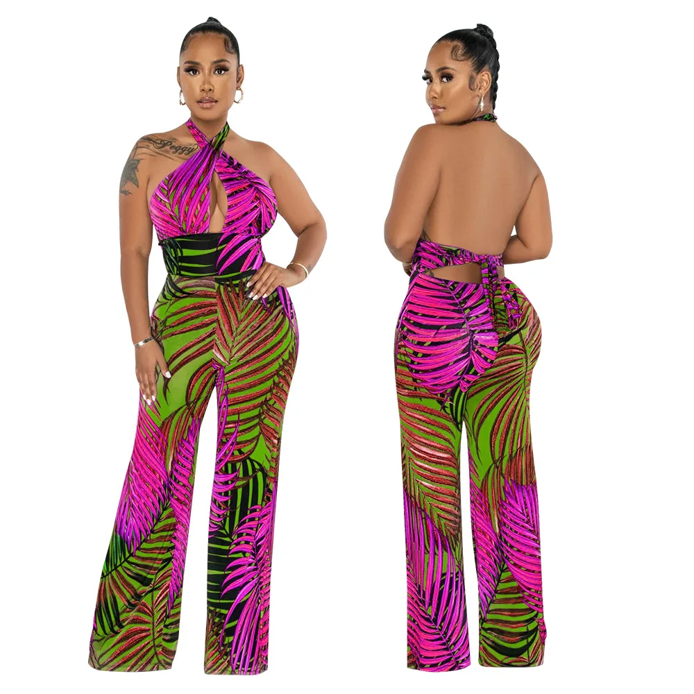 

Women Leaf Printed Halter Neck Backless Sleeveless Straight Wide Leg Jumpsuit 2024 INS Sexy Beach Playsuit One Piece Set