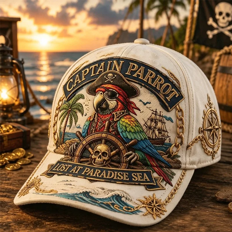 New Vintage Pirate Parrot Wave Print Baseball Cap Island Vacation Style Versatile Sunshade Casual Outdoor Unisex Hat