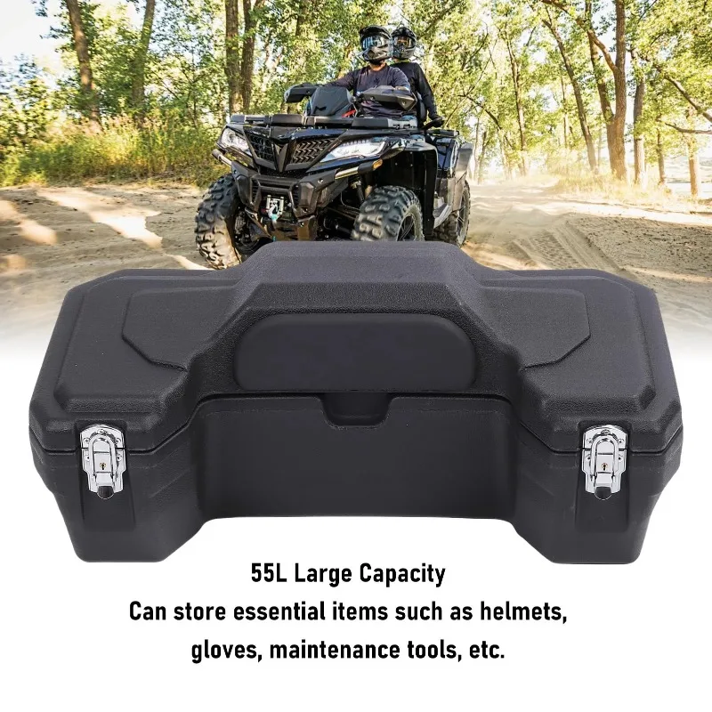 

55L ATV Rear Storage Box, Rainproof Luggage Box with Padded Backrest & Safety Lock, for Hiking Camping Outdoor Adventures