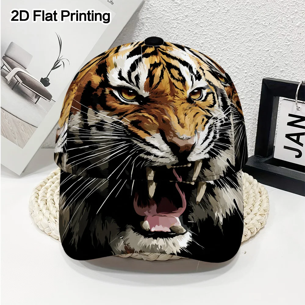 2D Flat Fierce Roaring Tiger Print Snapback Cap Offers Full-Body Vibrant Design Made from Polyester,Perfect for Sports Running