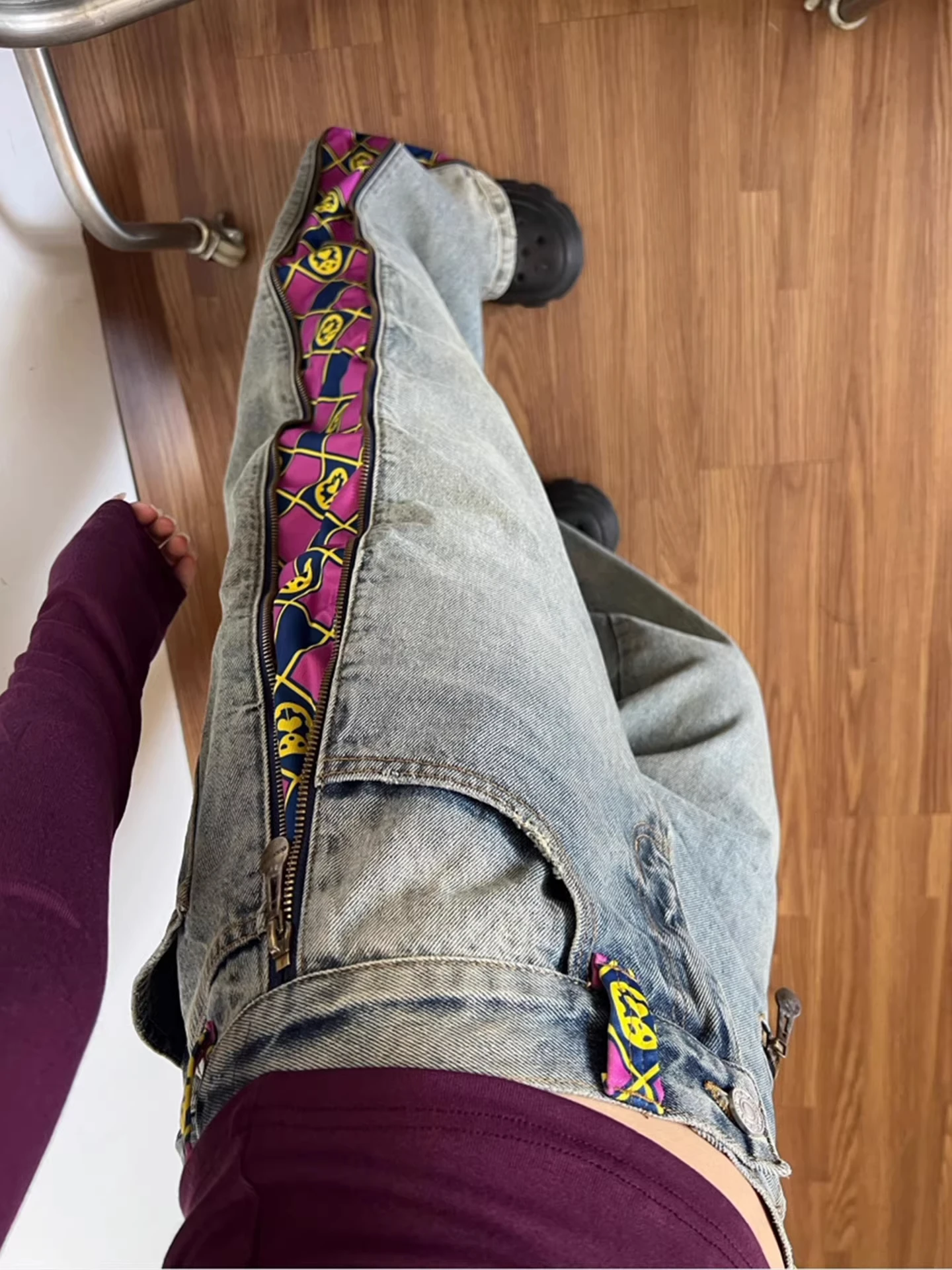 American Retro Design Zipper Splicing Fun Jeans Men's Women's Cleanfit Loose Wide Leg Pants Floor-Length Pants