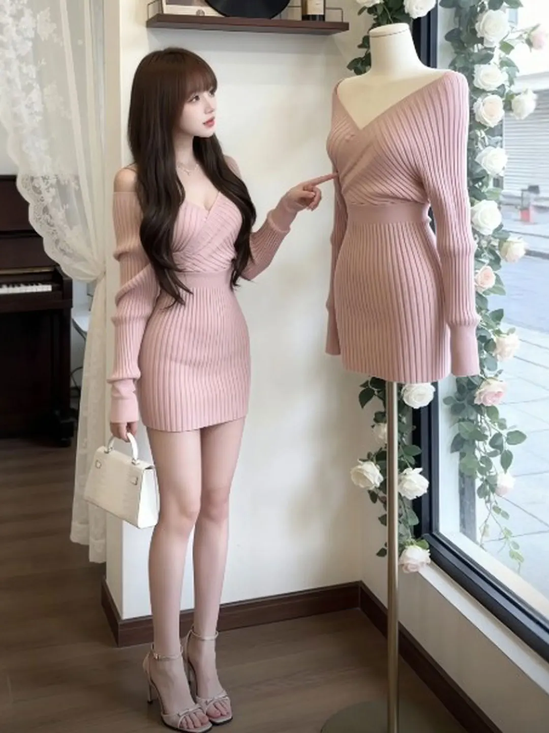 

Sexy Spicy Girl Pure Desire Sle ort Skirt Wrap Body Knitted Dr High Waist Long Sve Spring Faion for Young Women