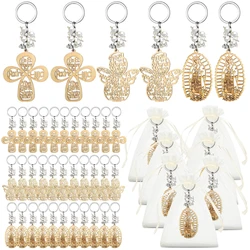 3 Sets Wooden Keychain Organza Bags Baptism Gifts Baby Birthday Decoration Key Chain Boy Christening Wedding Party Favors Guests