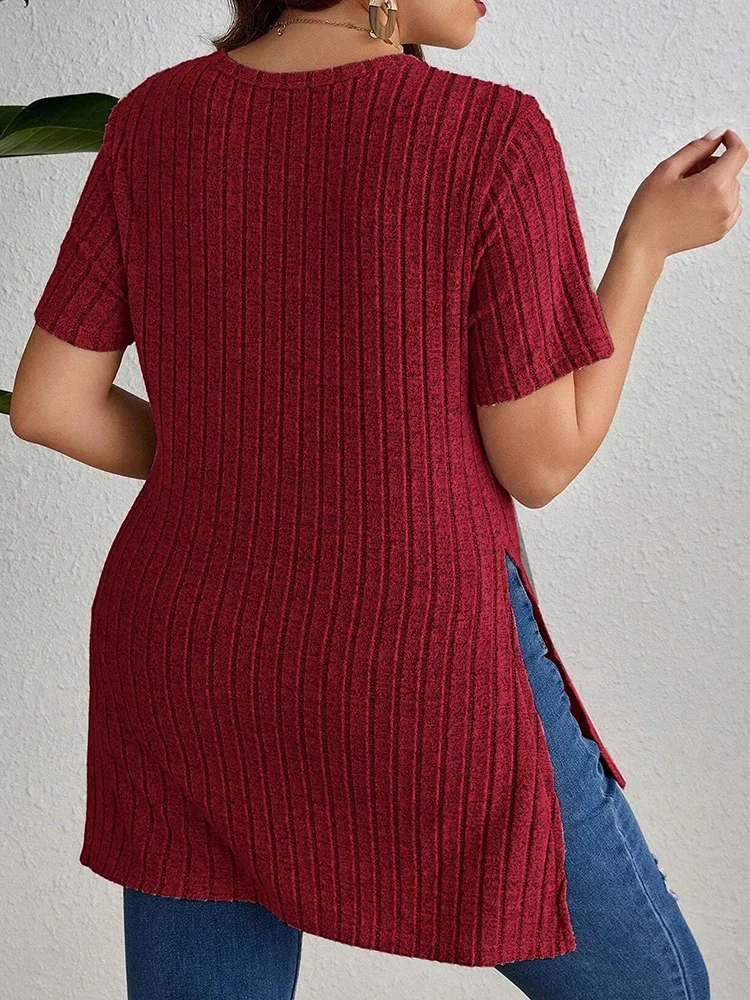 GIBSIE Plus Size Summer New Solid Rib-knit T Shirt Women Fashion Crew Neck Short Sleeve Split Casual T-Shirt Tops Female