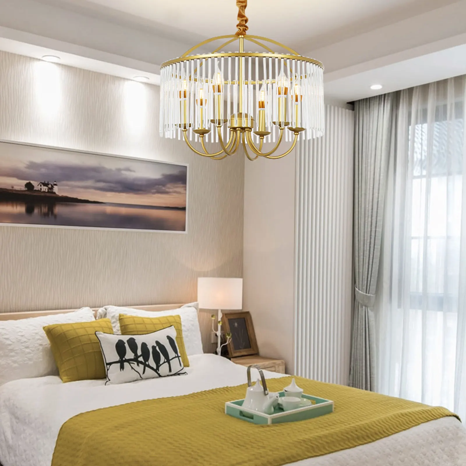 

6-Light Gold Crystal Pendant Chandelier,Modern Ceiling Light for Dining Room Kitchen Living Room,E12 Bulbs
