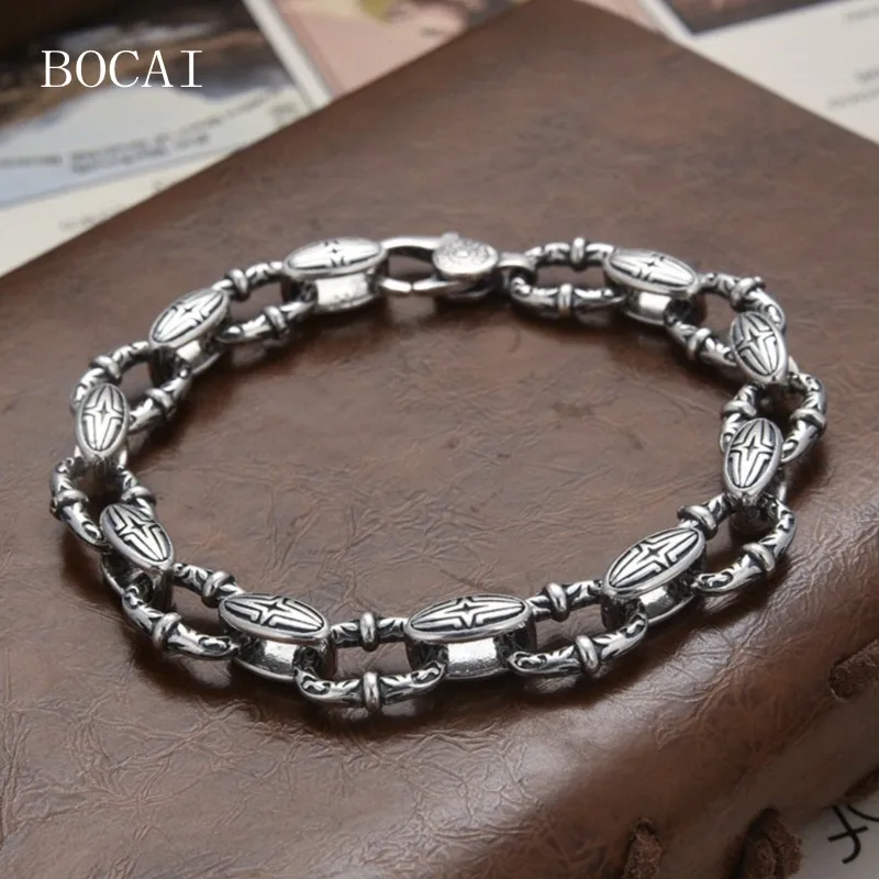 BOCAI New, S925 Sterling Silver, Rattan Grass Bracelet, Personality, Retro, Simple, Hip-hop, The Same For Men And Women.