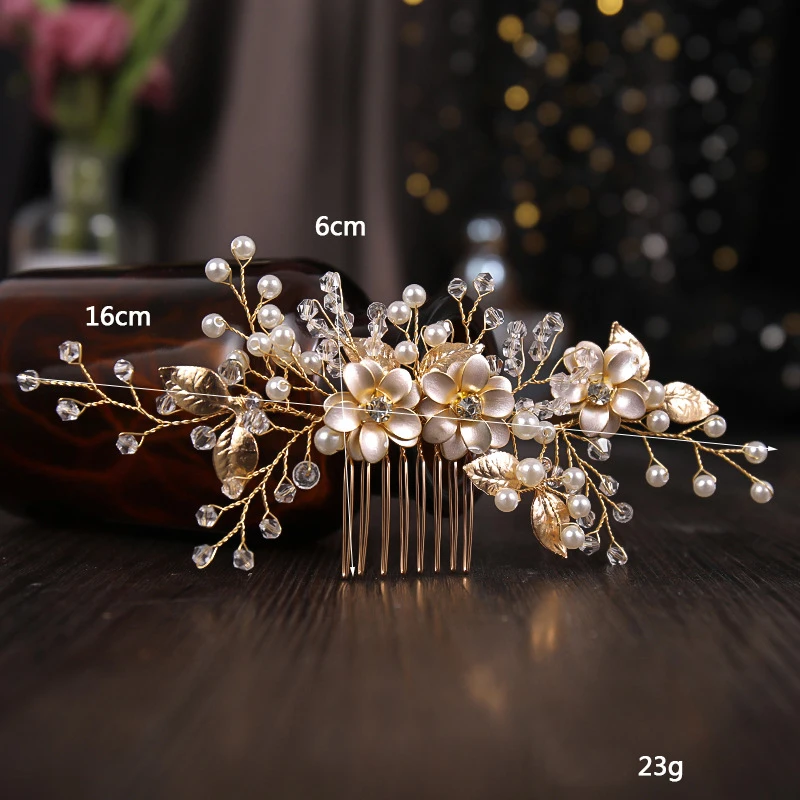 

Wedding Hair Comb Side Hairpin Golden Floral Crystal Hair Clips Fork Fashion Pearl Tiaras Marrige Headdress Bridal Crown Jewelry