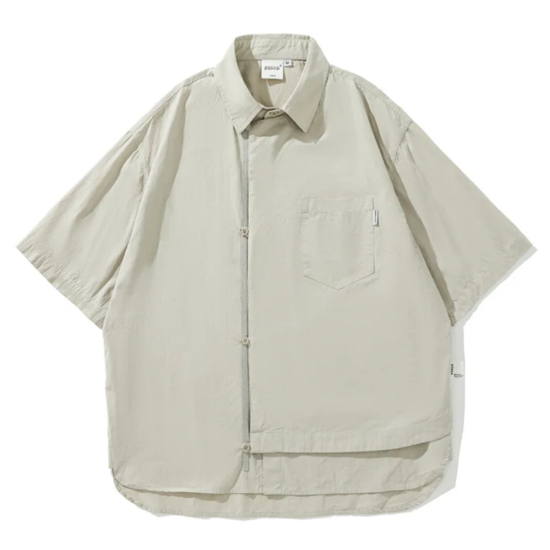 Japanese Retro Men Fake Two-piece Cargo Short Sleeve Shirt Men Summer Cotton Chinese Style Buttons Harajuku Blouses Mens Clothes
