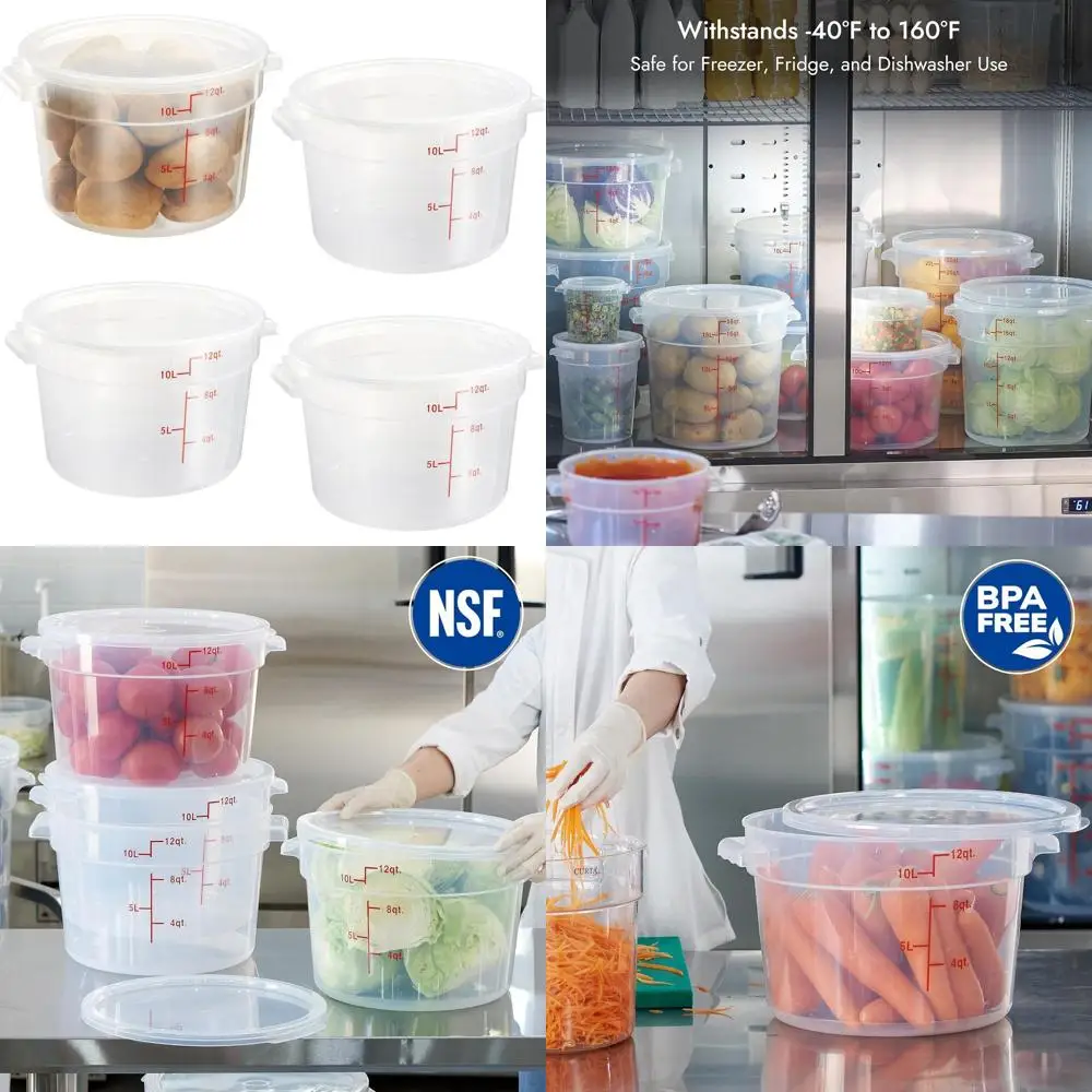 

Набор из 4 прозрачных круглых контейнеров для хранения пищевых продуктов на 12 литров с крышками — сертифицированный NSF, без BPA, коммерческий полипропилен, Freez