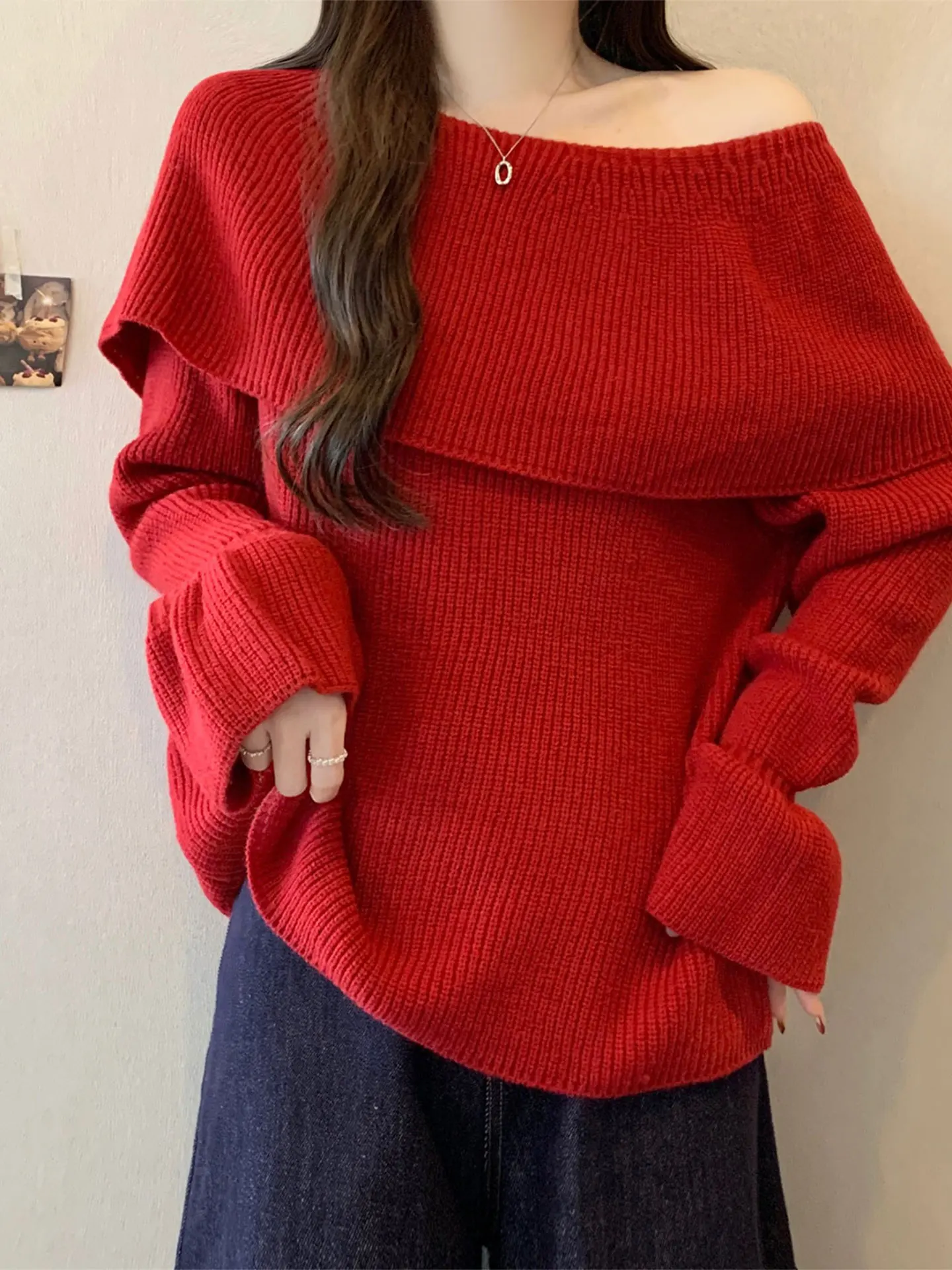 

Red Lace Trim One oulder Long Sve Knitted Sweater Women's plus Size Casual Sle Soft Fabric Loose Fit Spring Trend