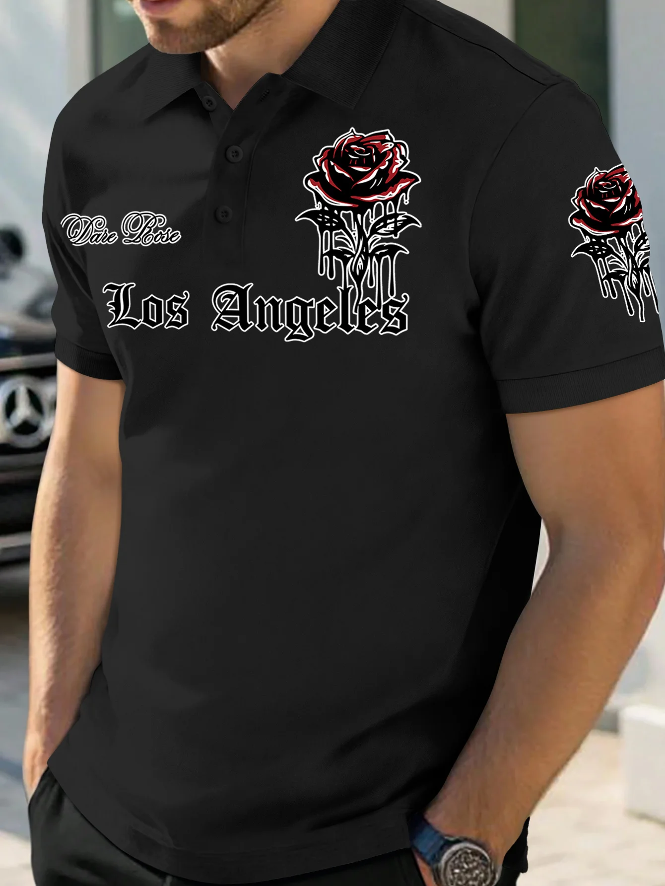 New men's short sleeved polo lining, American high street style, dark rose printed polo shirt