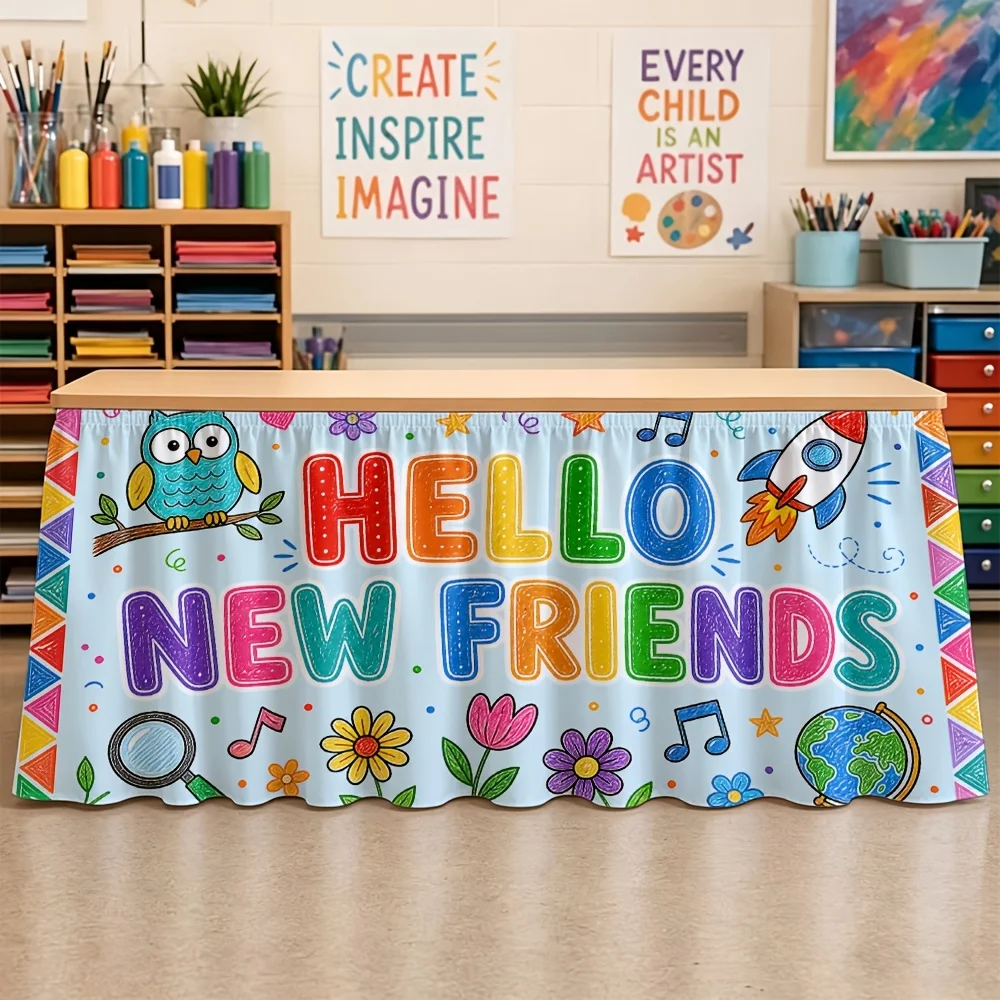 1PC party table skirt, meet new friends theme print elements, suitable for classroom decoration