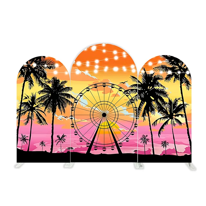 Mehofond Custom 2-Sided Ferris Wheel Beach Sunset Palm Birthday Party Baby Shower Covers Chiara Arch Background Decor Backdrop