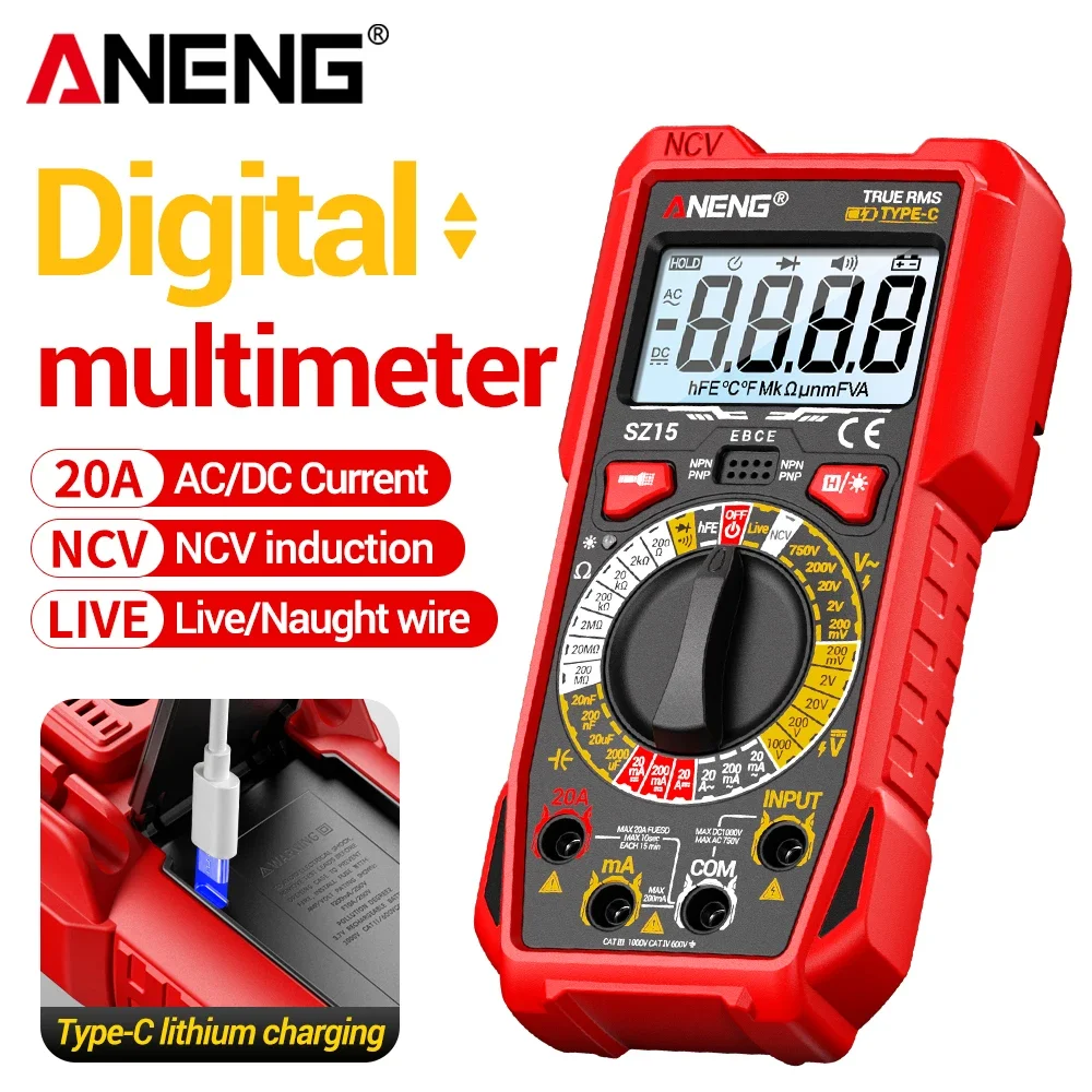 ANENG SZ15 Rechargeable Digital Multimeter 2000 Counts NCV AC DC Volt Current Resistance Diode Capacitance Backlight Repair Tool