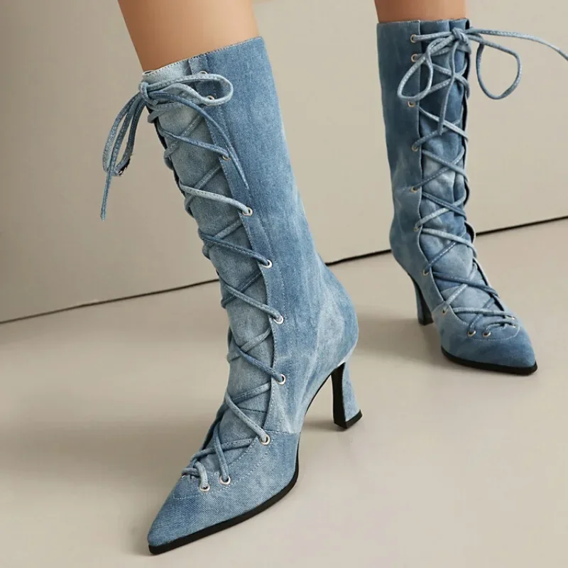 

New Blue Denim Cross Strap Mid-calf Boots Autumn Winter Fashion Black 8cm High Heel Plush Warm Women's Long Boots Size 34-48