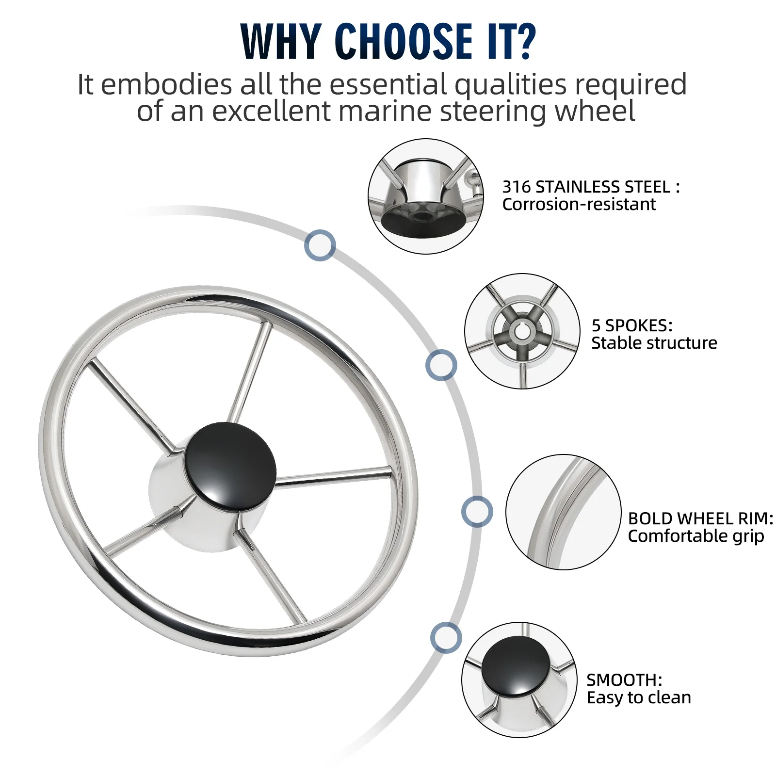 Volante de aço inoxidável 316 com botão (opção) 25 graus 11 ''para acessórios de barco de iate marinho