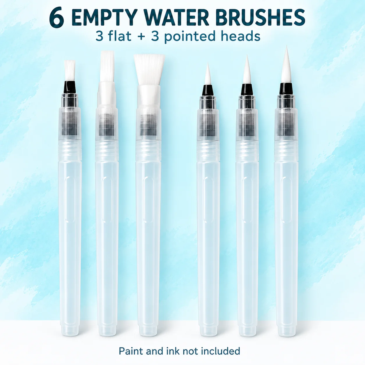 6 Empty Water Brushes Set with 3 Flat and 3 Pointed Heads