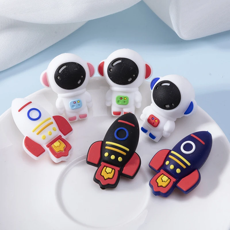 6pcs Cartoon Silicone Beads Astronaut Rocket Baby Beads Food Grade Focal Teether Bead DIY Pacifier Chain Accessories