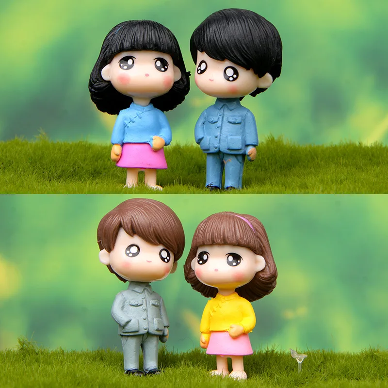 2-Piece Mini Couple Figurine Set Miniature Doll Models Wooden Bench DIY Dollhouse Accessories Fairytale Garden Decor