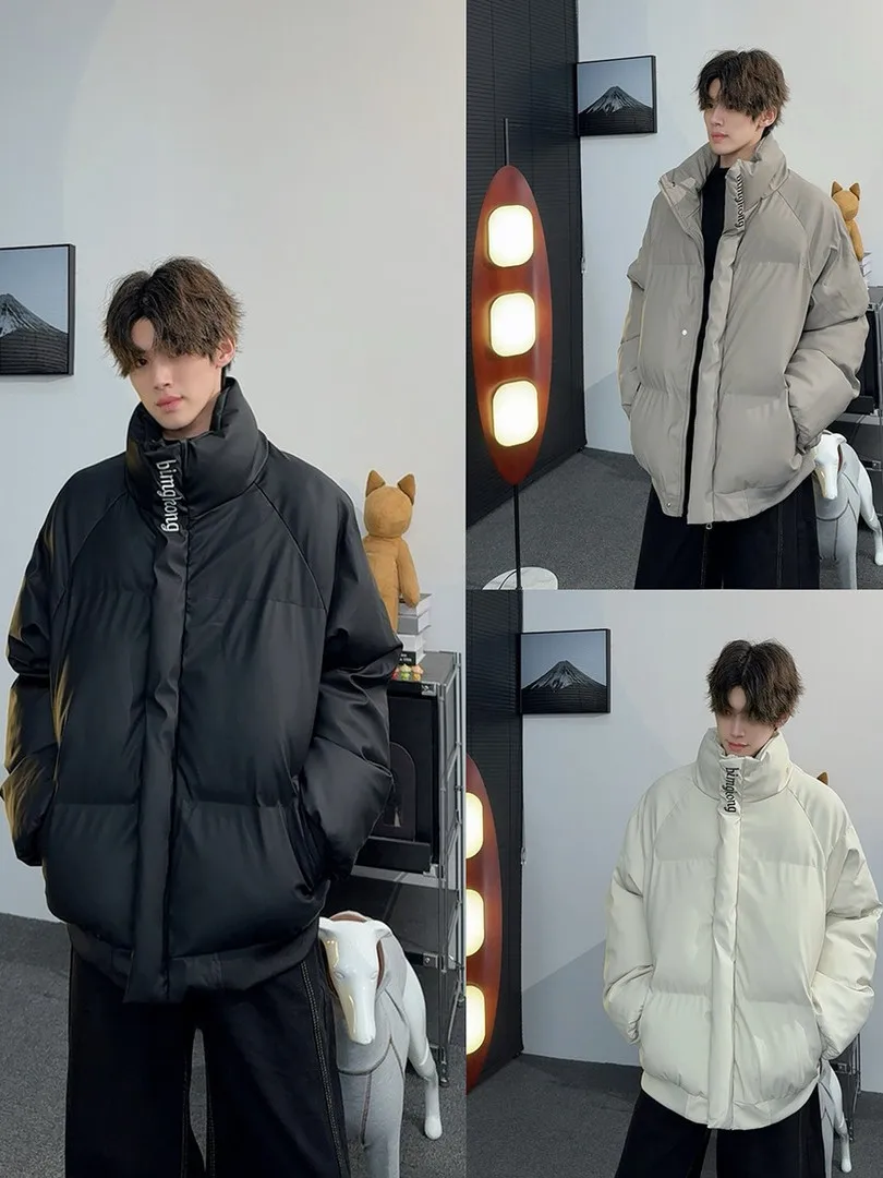 

Winter Thiened PU Leather Cotton Jaet Men's Faion Brand Embroidery Stand Collar Windproof Warm Bread Sle Casual Coat