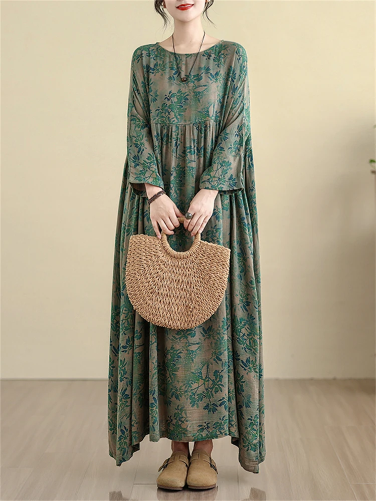 Oversize 코튼 빈티지 캐주얼 루즈 그린 프린트 꽃 드레스 여성용 긴 소매 드레스 Femme Robe Vestidos 우아한 의류