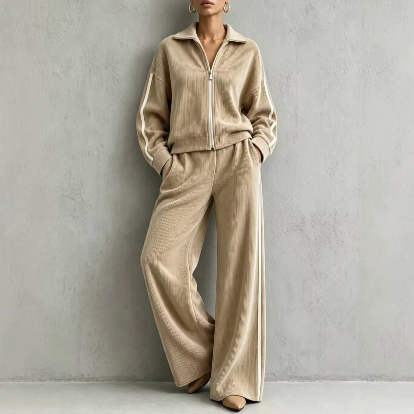 XXOWENLI Casual Knit Two‑Piece Set Lapel Half Zip Long Sleeve Striped Side Jacket High Waist Wide Leg Trousers Loose Daily Suit