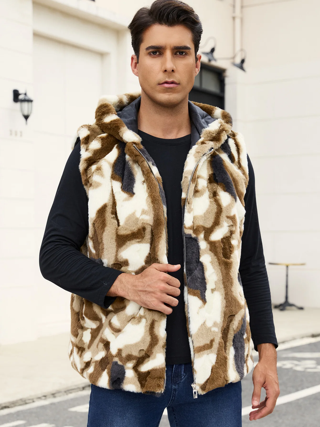 Men's Warm Short Camouflage Imitation Fur Vest Environmentally Friendly Rabbit Fur Alternative for Men's Clothing