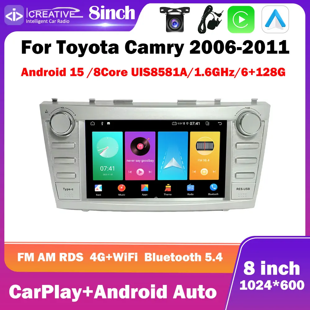 Автомобильная магнитола на Android 15 для Toyota Camry 2006-2011, 8 дюймов, 1024*600, Carplay, Auto Multimedia Stereo, GPS-навигация, интеллектуальная 8-ядерная IPS-панель.
