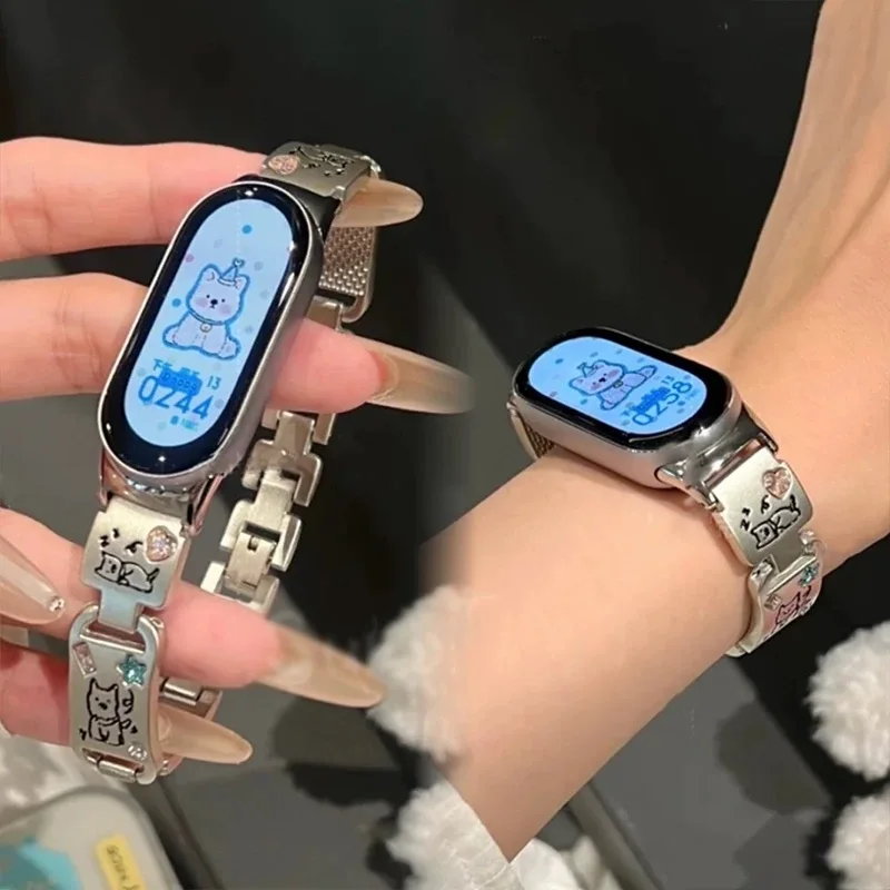Tali Logam untuk Xiaomi Band 9 Gelang Jam Baja Tahan Karat untuk Xiaomi Band 8 Jam Tangan Pintar Gelang Olahraga Korea Gelang Wanita