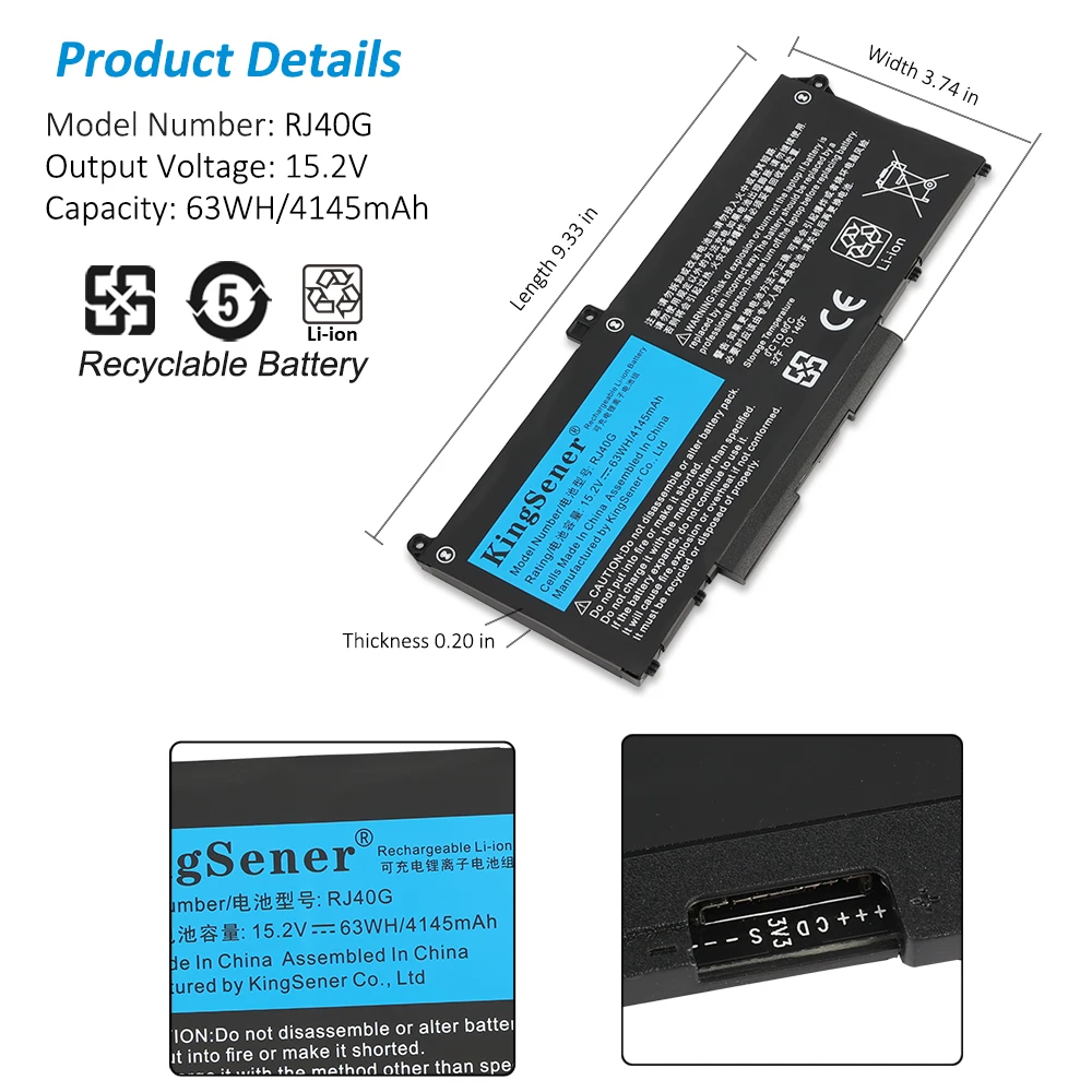 KingSener  RJ40G Laptop Battery For DELL Latitude 5520 5420 Precision 3560 Series P104F P137G 01K2CF 075X16 0WK3F1 15.2V 63Wh