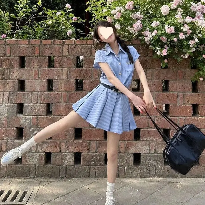 INS Summer Fashion Donna Polo sexy Mini abito camicia Abiti a maniche corte Camicia blu a righe Silm Coquette Abiti casual Y2k