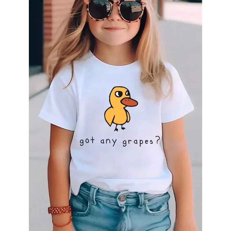 Girls Tee Got Any Grapes Cute Yellow Duck Cartoon Slogan Print Soft Cotton Kids Funny Casual Short Sleeve Parent-child T Shirt