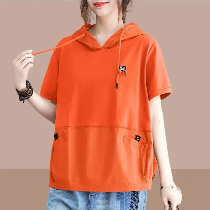 100% Cotton T Shirts Women Casual Vintage Patchwork T-shirt Art Hooded Short Sleeve Tops Summer Trend Loose Oversized Tshirt Y2k