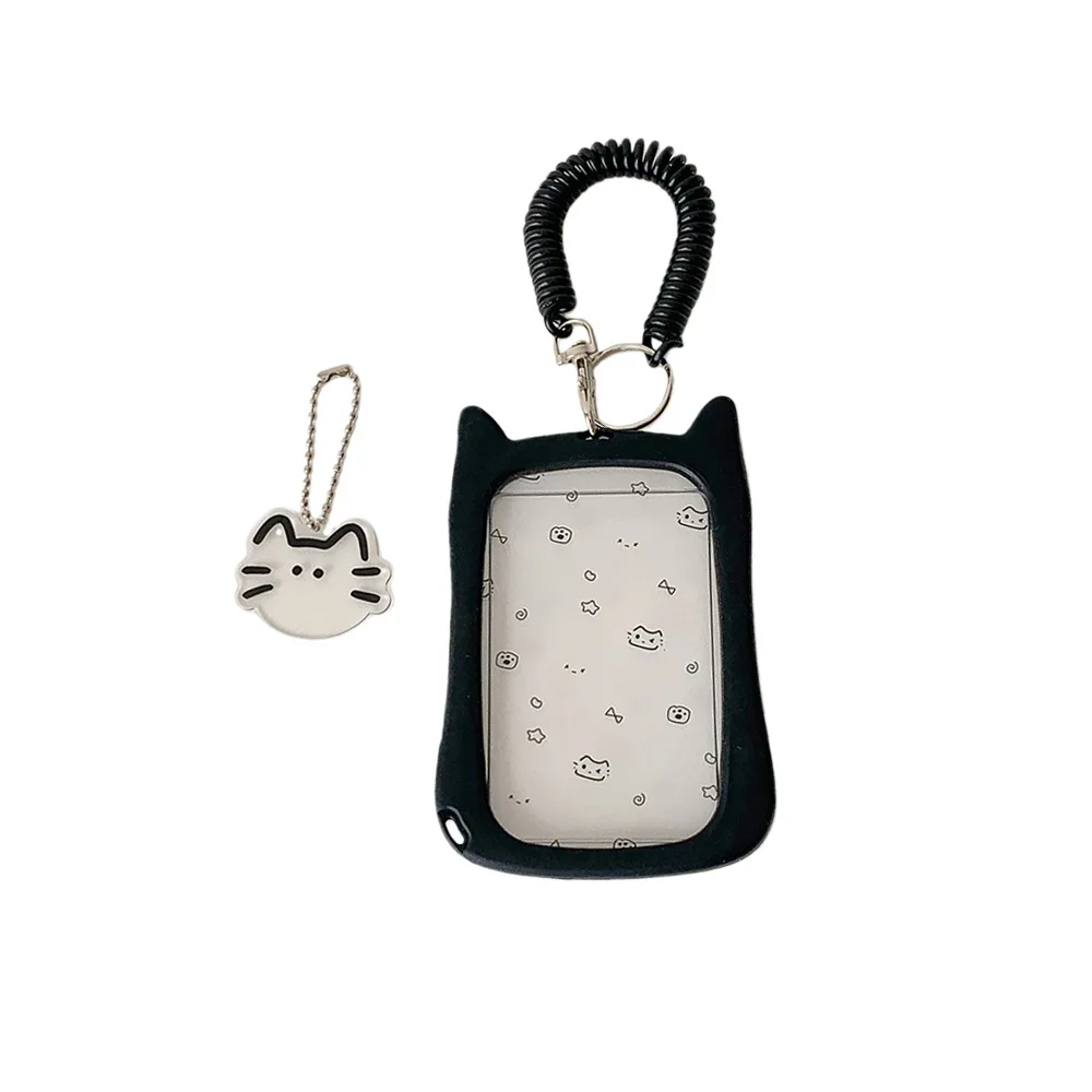 Girls Transparent Cat Cartoon Card Holder Elastic Rope Pendant Card Pouch Student Campus Bus Card Protective Sleeve