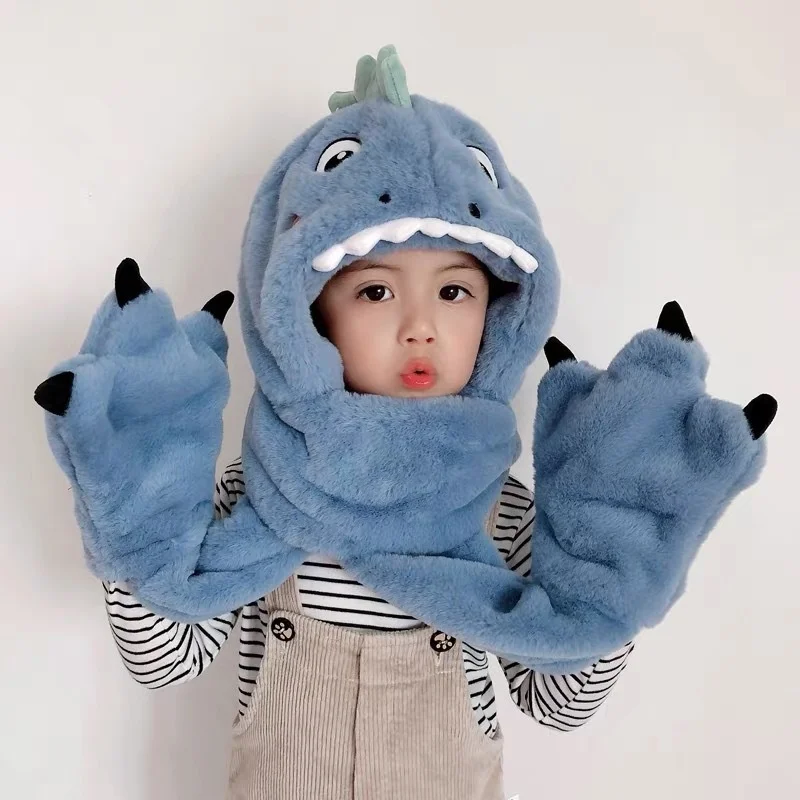 Imitation Rabbit Hair Winter Children's Dinosaur Set Hat Letter Embroidered Neck Gloves Three in One Warm Ear Protection One