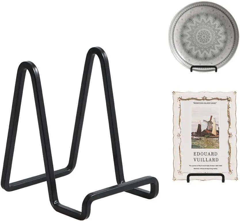 

4.5" Metal Plate Stands for Display - Black Iron Easels, 4 Pack - Tabletop Picture & Photo Holder