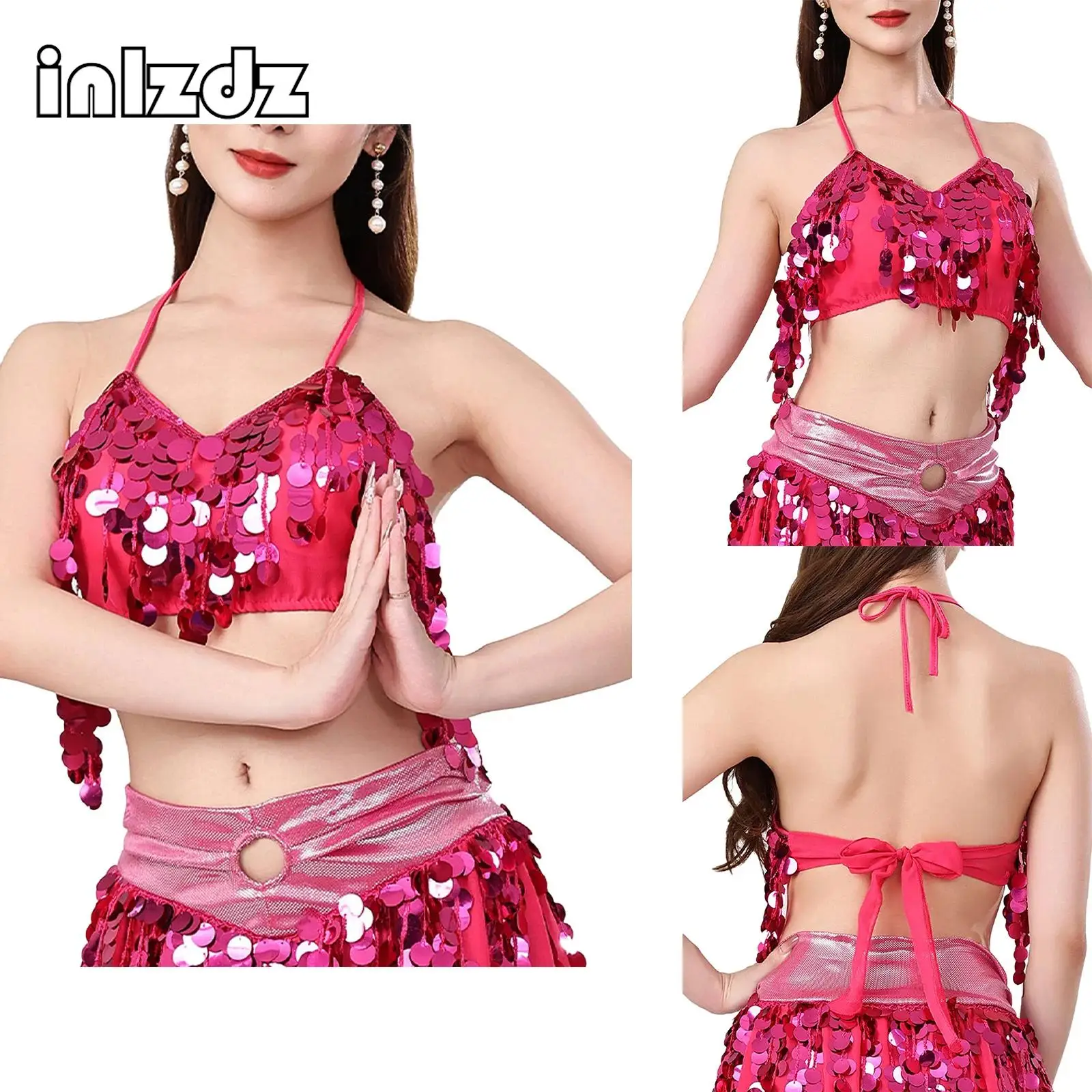 

Belly Dance Sequin Tassel Crop Tops for Womens V Neck Halter Chest Pads Lace-up Crop Top Camisole Dancing Class Stage Costumes