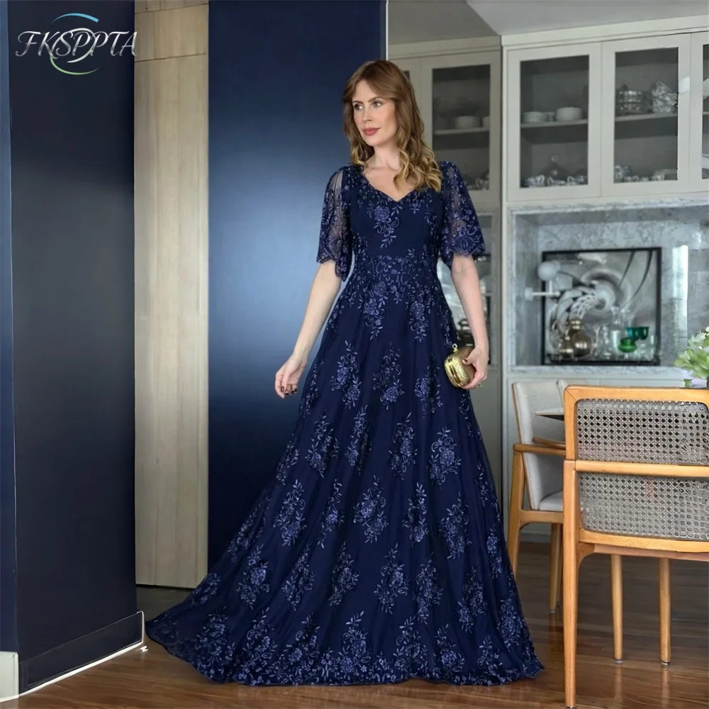 Graceful Navy Lace Long Mother Of The Bride Dresses A Line Half Sleeves Floor Length Maxi Women Evening Prom Wedding Party Gowns