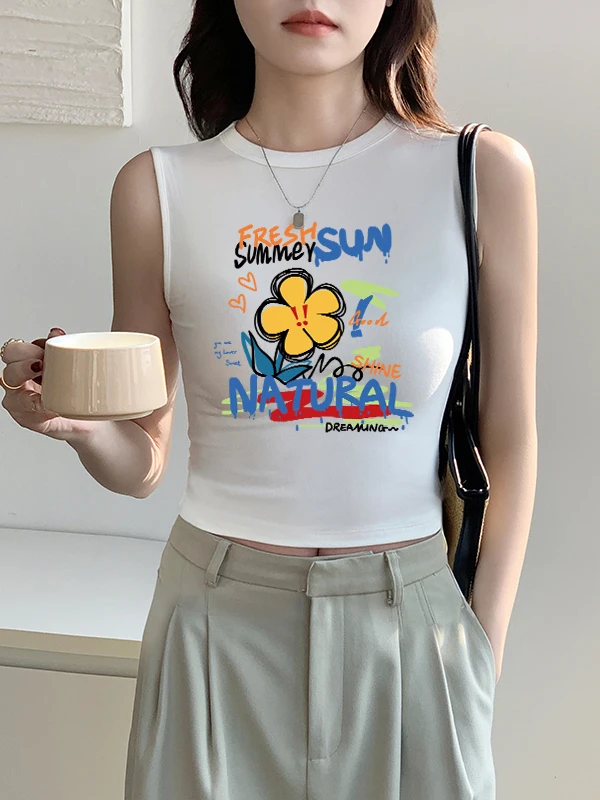 Biała, krótka bluzka na ramiączkach, damska bielizna, nowość 2025, wysoki stan, krótki top, letni top, kwiatowy wzór, Commu...