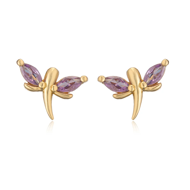 HECHENG, Colorful Zircon Collection Stud Earrings Tiny Crystal Dragonfly Flower Heart Ear Studs