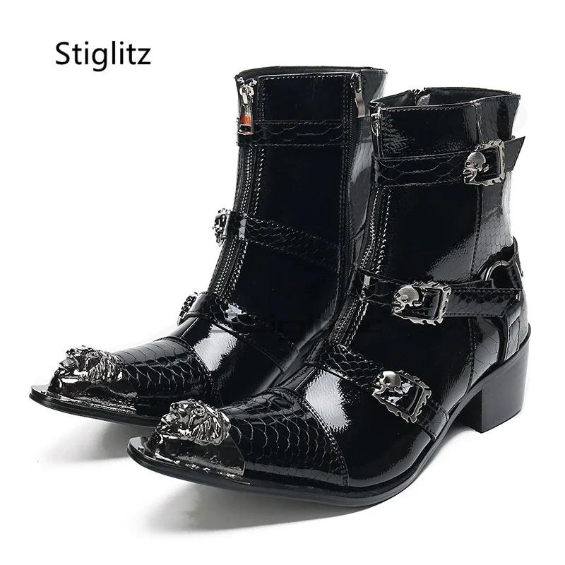 Men's Belt Buckle Patent Leather Chelsea Boots Black Business High Heels Ankle Boots Metal Pointed Toe Genuine Handmade Shoes - view 2