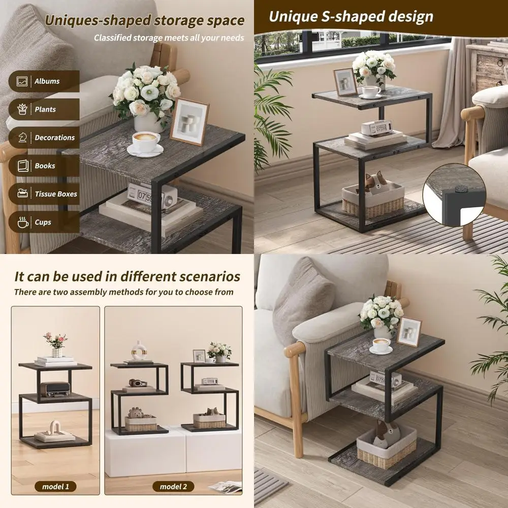 

3-Tier S-Curved Side Table, Modern Storage Nightstand for Compact Spaces, Slim End Table in Grey for Living Room & Bedroom