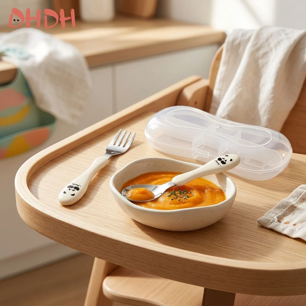 Premium Portable Professional Stainless Steel Baby Feeding Spoon Fork Set Cute Panda Design Toddler Kids Tableware with Storage