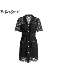 TWOTWINSTYLE Solid Spliced Bnutton Slimming Dresses For Women Lapel Short Sleeve High Waist Spliced Lace Up Dress Female Fashion