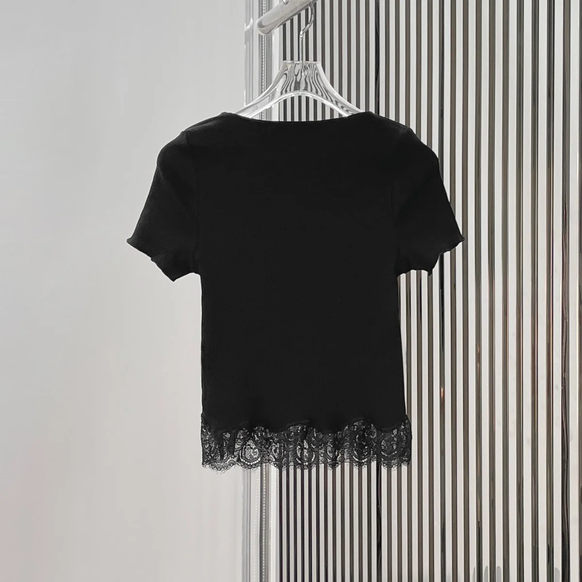 High Quality Women Square Neck Lace Trim Short Sleeve T Shirt Slim Ribbed Cropped Top Daily Commuter Casual Blouse lyt127414